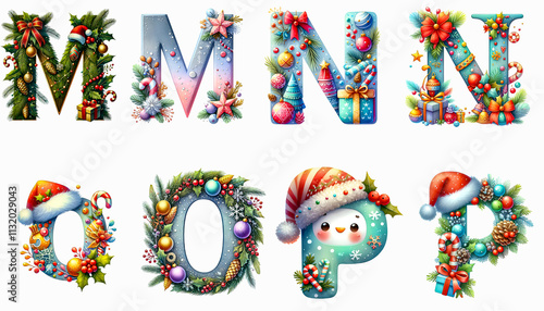 Clipart set of cute watercolor pastel Christmas letters m, n, o, p isolated on a white background. Holiday clipart letters background