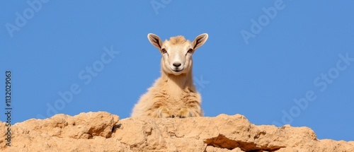 A young goat stands atop a rocky outcrop against a clear blue sky, showcasing its curious expression and fluffy coat. photo