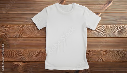 Blank white t-shirt for mock up, 3d rendering on wooden background photo