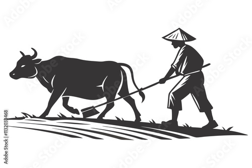 A  silhouette farmer plowing cow in the field isolated on white white background D