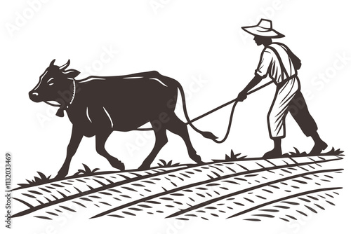 AA  silhouette farmer plowing cow in the field isolated on white white background C