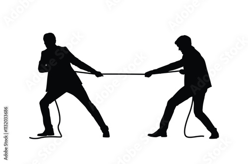 Silhouette of two men tugging on a tug of war