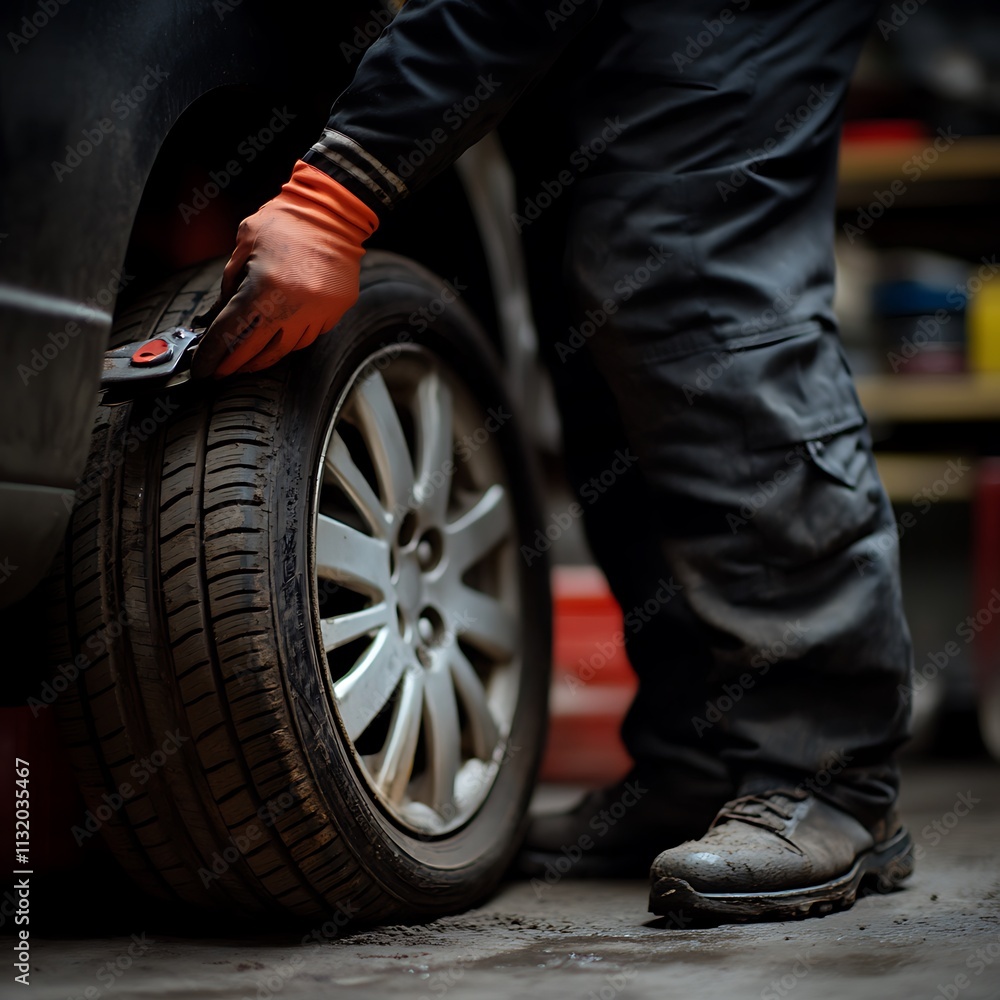 Obraz premium Mechanic inspecting a cars tire for damage