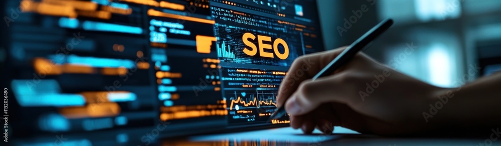 Obraz premium A hand writing on a digital screen displaying SEO analytics and data.