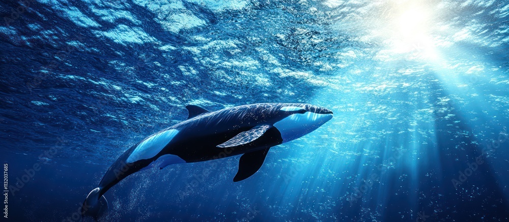 Naklejka premium Orca swimming underwater in sunlit ocean.