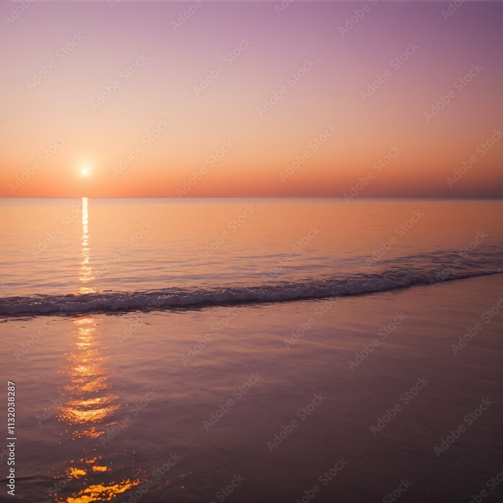 Fototapeta premium A tranquil seascape during the golden hour with soft sunlight reflecting off the ocean's surface. The sky has warm tones of orange, pink, and purple.