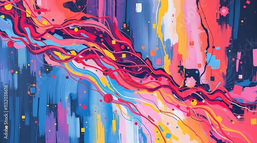 A bold acrylic painting of an algorithm processing data, abstract visuals and flowing lines in vibrant colors, textured brushstrokes, soft light, creating a soft dreamy atmosphere.