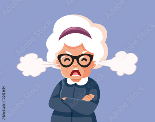 Furious Granny Yelling with Angry Voice Vector Illustration. Screaming fuming old lady enraged by outrageous societal problems 
