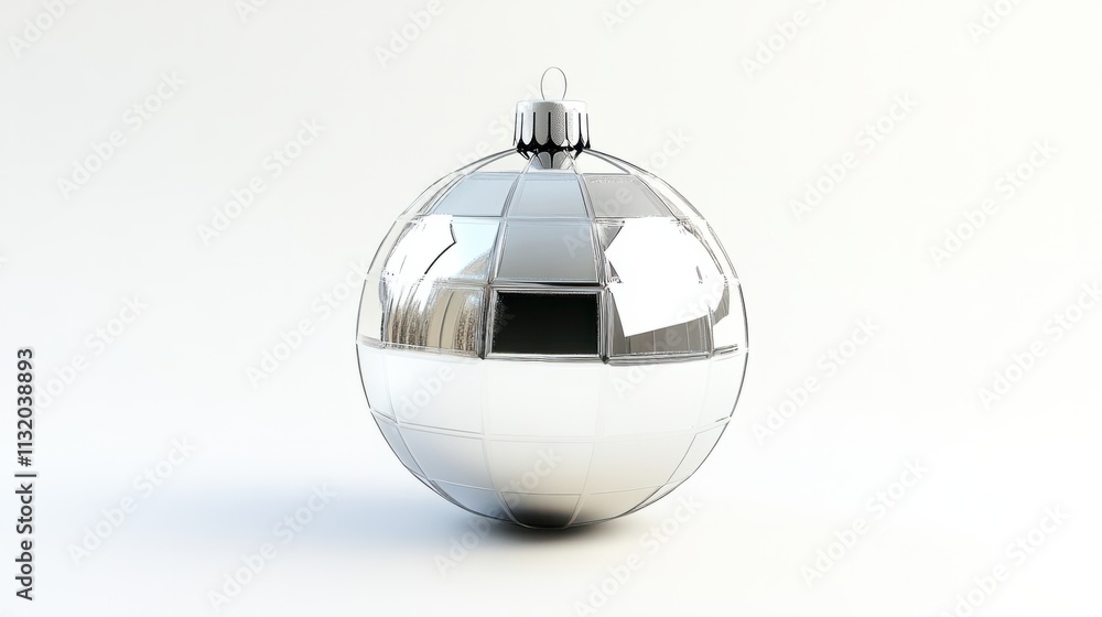 Obraz premium A silver Christmas ball with mirror-like reflective panels, resembling a disco ball, isolated on white