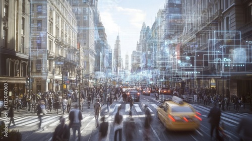 Futuristic city skyline at night with glowing data streams and wireless network icons, vibrant city lights, 5G connectivity, and digital technology 