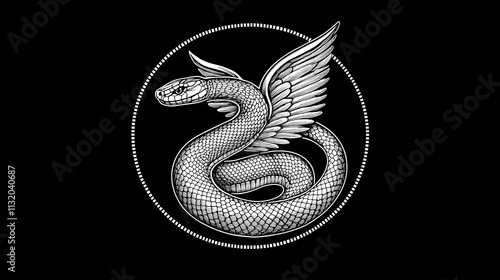 Winged snake in a circle on a black background. Winged Serpent. Illustration photo