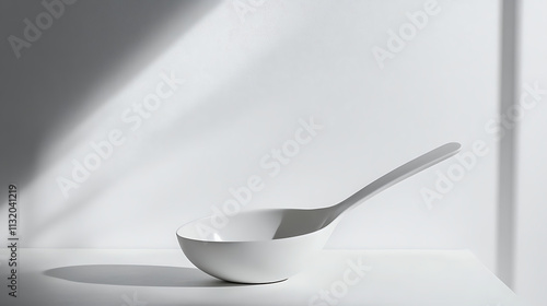 Side view of a minimalist ladle, highlighting its ergonomic design on a bright white backdrop  photo