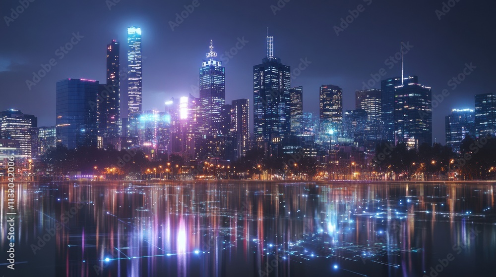 Obraz premium Futuristic city skyline at night with glowing data streams and wireless network icons, vibrant city lights, 5G connectivity, and digital technology