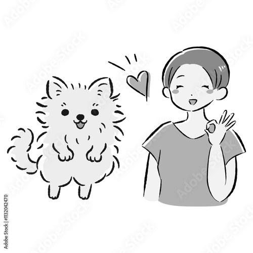 ジャンプする犬と笑顔の飼い主のイラストセット