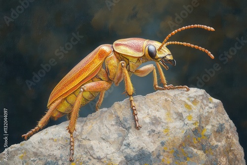 Detailed close-up of a vibrant orange beetle perched on a rock. Ideal for nature, insect, or science publications needing a striking image. photo