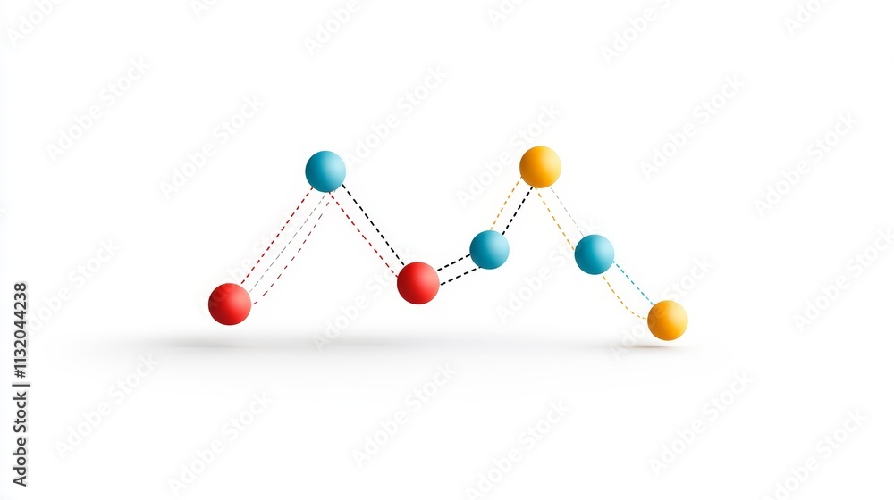 Obraz premium Colorful 3D Graph Representation of Data Trends with Connecting Dots in Red, Blue, and Yellow on a Clean White Background