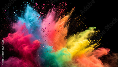 Close up abstract colorful of powder coat explotion, dispersion on black background. Generative AI.