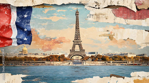 Collage of torn paper with a france theme. French Revolution Paris. Illustration photo