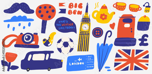 Cute England, english, UK, United Kingdom objects, composition with hand drawn doodle mail box, umbrella, flag, cupcake, tea, cup, pot, button, pound, Big Ben. Tourist, travel, education signs