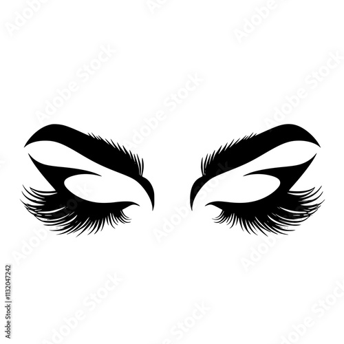 Stylized Eyes with Dramatic Lashes and Brows, Black silhouette of stylized eyes with bold eyeliner, long lashes, and arched brows, creating a glamorous and striking look.
