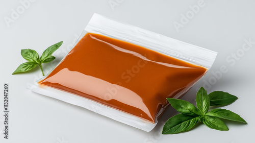 Sauce sachets in plastic bag on white background.