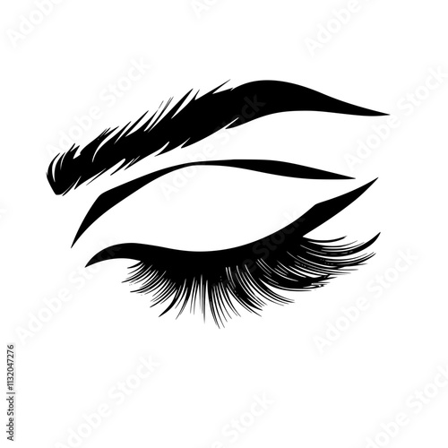 Stylized Eyes with Dramatic Lashes and Brows, Black silhouette of stylized eyes with bold eyeliner, long lashes, and arched brows, creating a glamorous and striking look.
