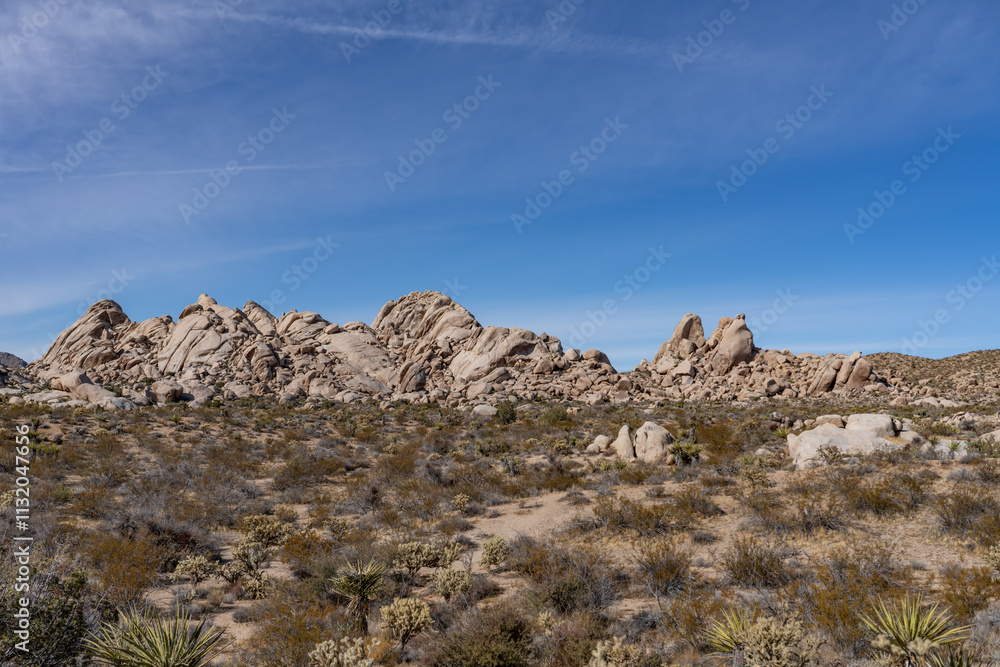 Fototapeta premium Boulders Viewpoint Area / Granite Pass, Mojave National Preserve, Kelbaker Road, San Bernardino County, California. Mojave Desert / Basin and Range Province. Granite Mountains