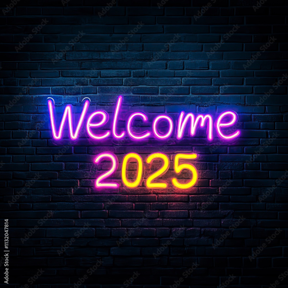 Fototapeta premium Neon Light ‘Welcome 2025’ Typography for Festive New Year Themes, 2027 Typography and Designs, New Year's day, New Year's Eve 