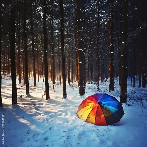 Rainbow Umbrella in a Snowy Winter Forest photo