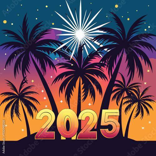 Tropical 2025 New Years Eve Fireworks Celebration Palm Trees Sunset.