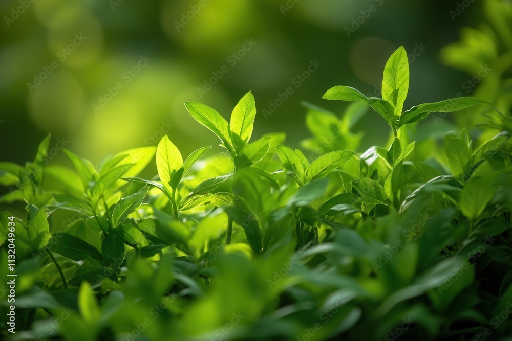 Obraz premium Lush green leaves illuminated by soft sunlight.