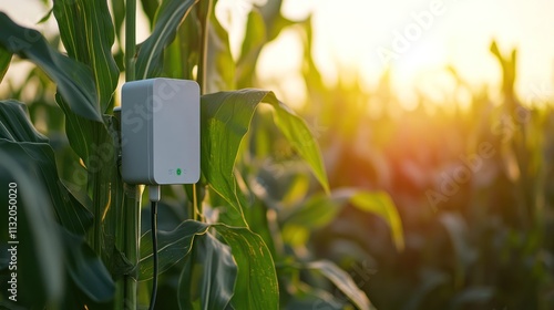 A sensor attached to corn plants, monitoring agricultural conditions at sunset. photo