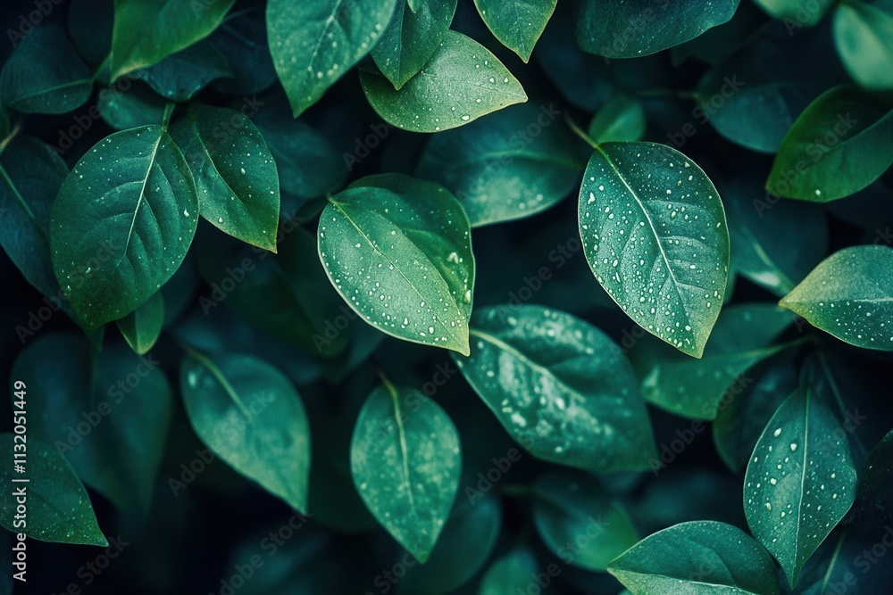 Fototapeta premium Lush green leaves with droplets, symbolizing freshness.