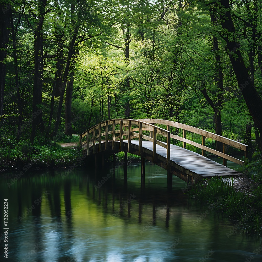 Fototapeta premium Wooden Footbridge Spanning Serene Forest Creek
