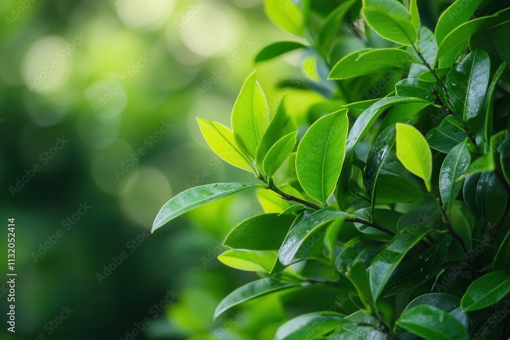Obraz premium Lush green leaves with soft bokeh background.