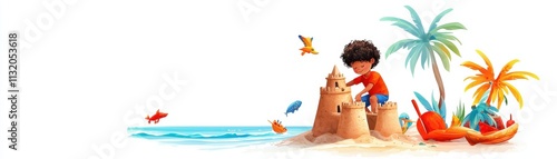 A child building a sandcastle on a sunny beach with palm trees. Happy Sunday Life Concept. photo