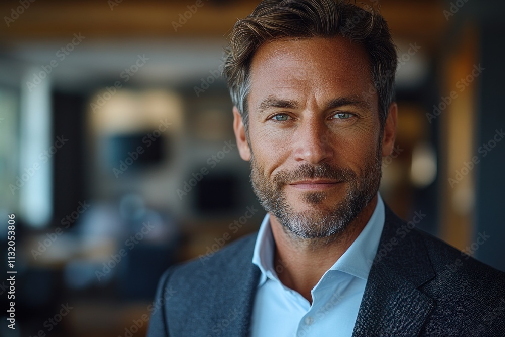 Naklejka premium Portrait of a young businessman in a modern office smiling at the camera working online in a co-working space