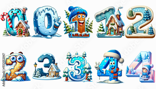 Clipart set of cute watercolor pastel Winter numbers 0, 1, 2, 3, 4 isolated on a white background. Holiday clipart numbers background