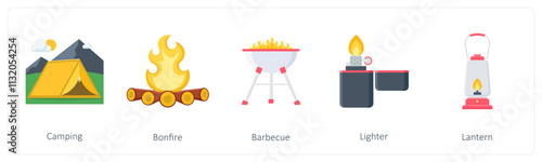 A set of 5 camping icons as camping, bonfire, barbecue