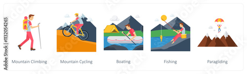 A set of 5 camping icons as mountain climbing, mountain cycling, boating