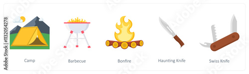 A set of 5 camping icons as camp, barbecue, bonfire