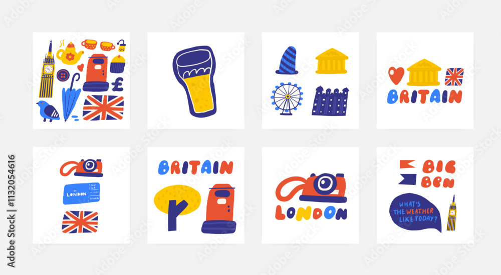 Fototapeta premium Cute England, english, UK, United Kingdom objects, composition with hand drawn doodle mail box, umbrella, flag, cupcake, tea, cup, pot, button, pound, pigeon, Big Ben. Tourist, travel, education signs