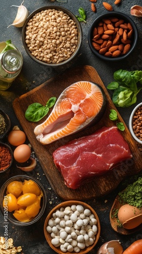 Protein-rich recipes with diverse foods displayed on a wooden cutting board for healthy meal prep and cooking inspiration