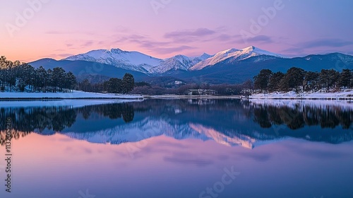 Peaceful Lake and Snowy Mountain Sunrise for New Beginnings, Fresh Start and Sunrise Themes, New Year's day, New Year's Eve 