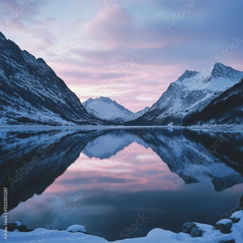 Peaceful Lake and Snowy Mountain Sunrise for New Beginnings, Fresh Start and Sunrise Themes, New Year's day, New Year's Eve 