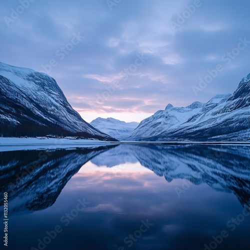 Peaceful Lake and Snowy Mountain Sunrise for New Beginnings, Fresh Start and Sunrise Themes, New Year's day, New Year's Eve 