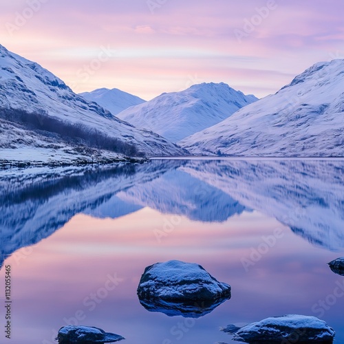Peaceful Lake and Snowy Mountain Sunrise for New Beginnings, Fresh Start and Sunrise Themes, New Year's day, New Year's Eve 