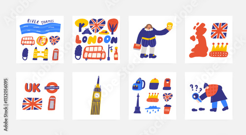 Cute England, english, UK, United Kingdom objects, composition with hand drawn doodle London, tree, bus, street lamp, heart shape flag, hat, cap, transport, ketchup. Tourist, travel, education signs