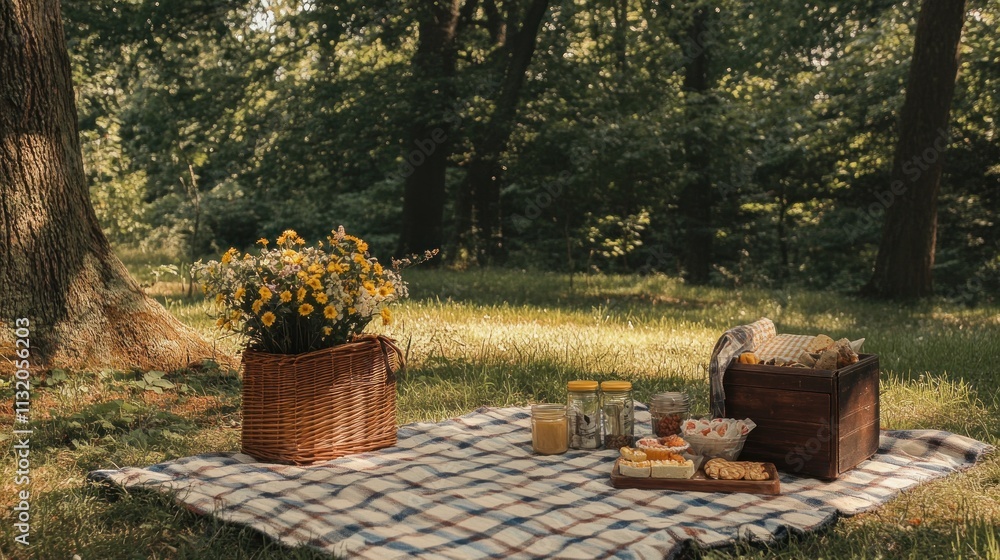 Naklejka premium A serene picnic setup in a forest with food, drinks, and flowers on a checkered blanket.