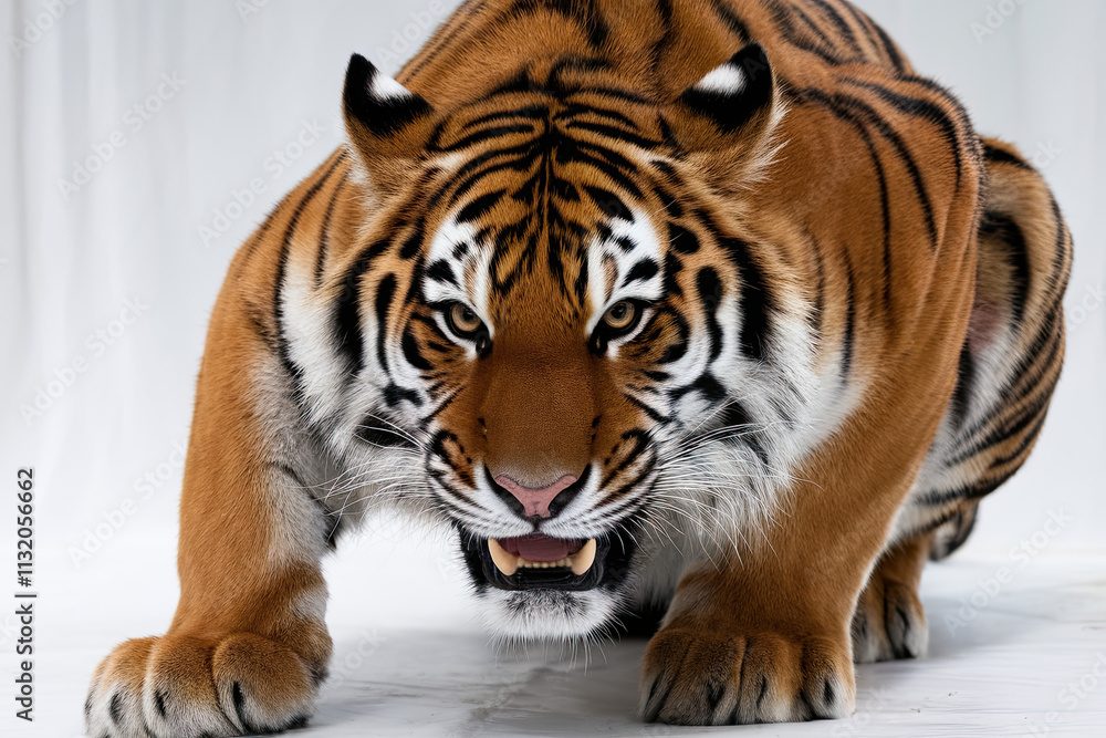 Obraz premium Tiger with intense eyes and bold stripes, in a crouching pose on a white background